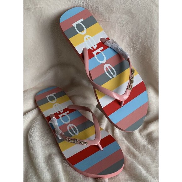 COPY 🌹Women’s Sandals Size 8 MINDEE BEBE LOGO Striped Pink Multi FLIP FLOPS - Picture 4 of 10
